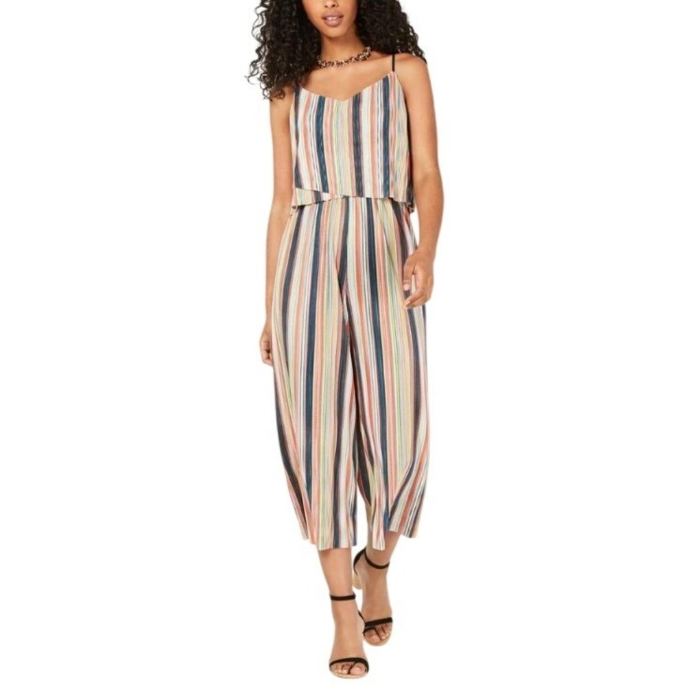 BeBop Striped‎ Jumpsuit Women XL Tropical Rainbow Wide Leg Spaghetti Popover